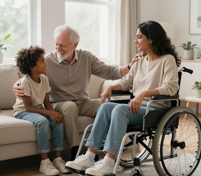 A parent and child with special needs reviewing a care plan